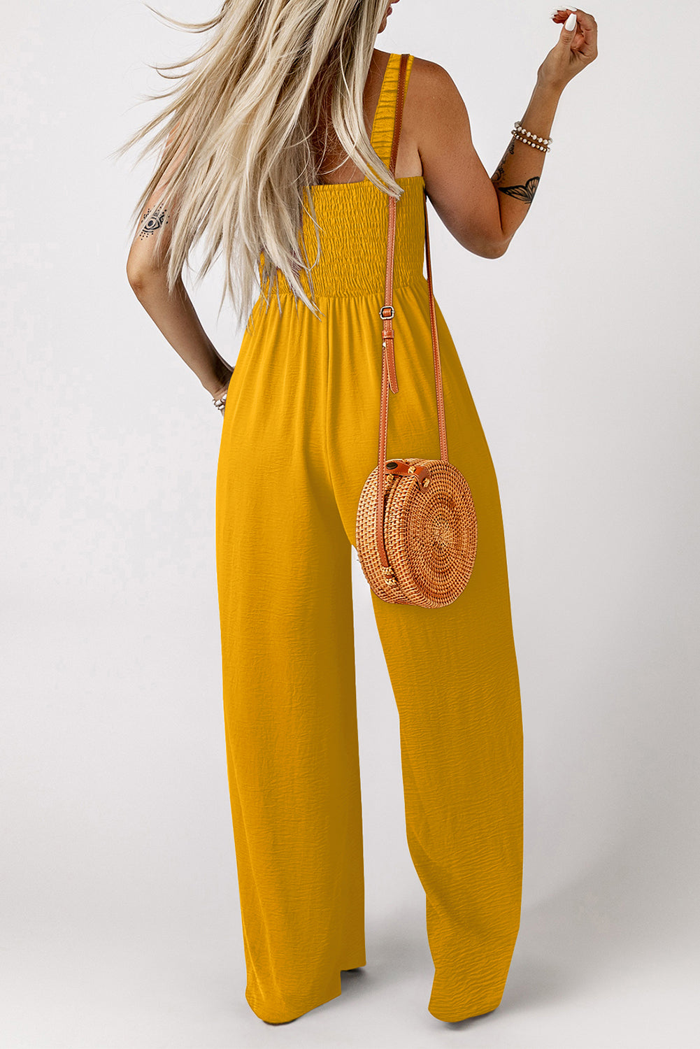Green Smocked Sleeveless Wide Leg Jumpsuit with Pockets