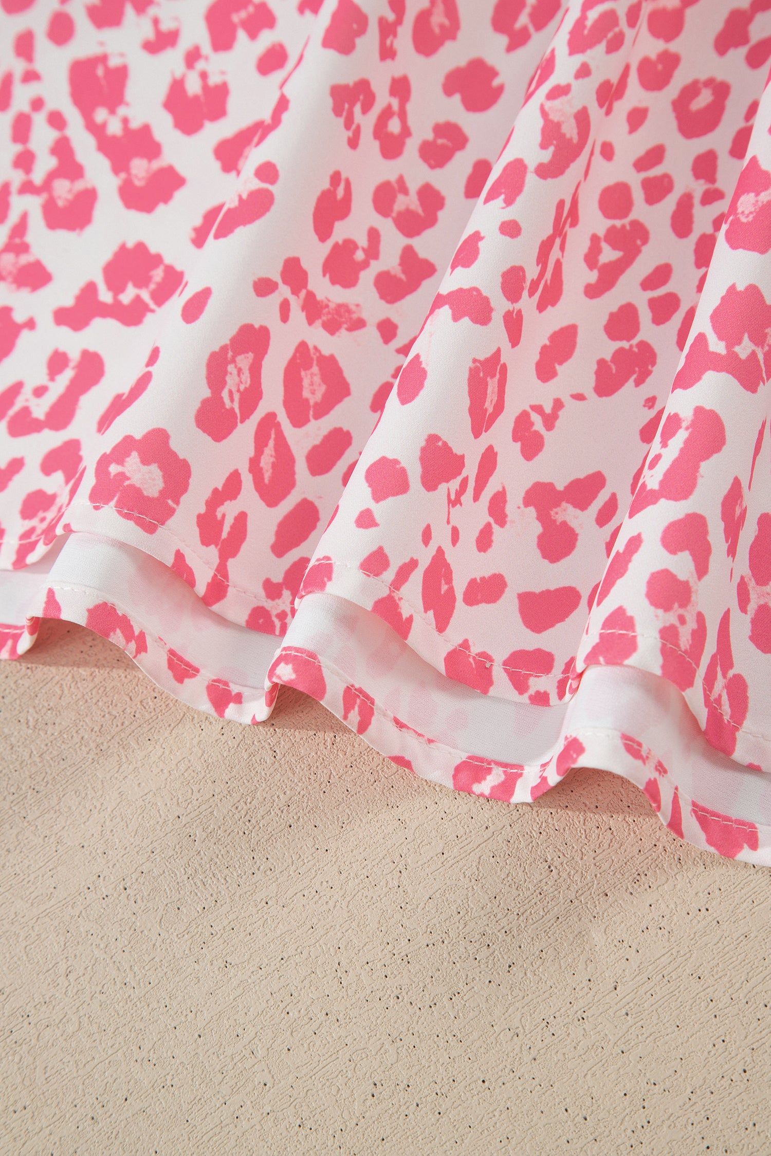 Pink Stripe Ruffled Trim V Neck Leopard Print Short Sleeve Blouse