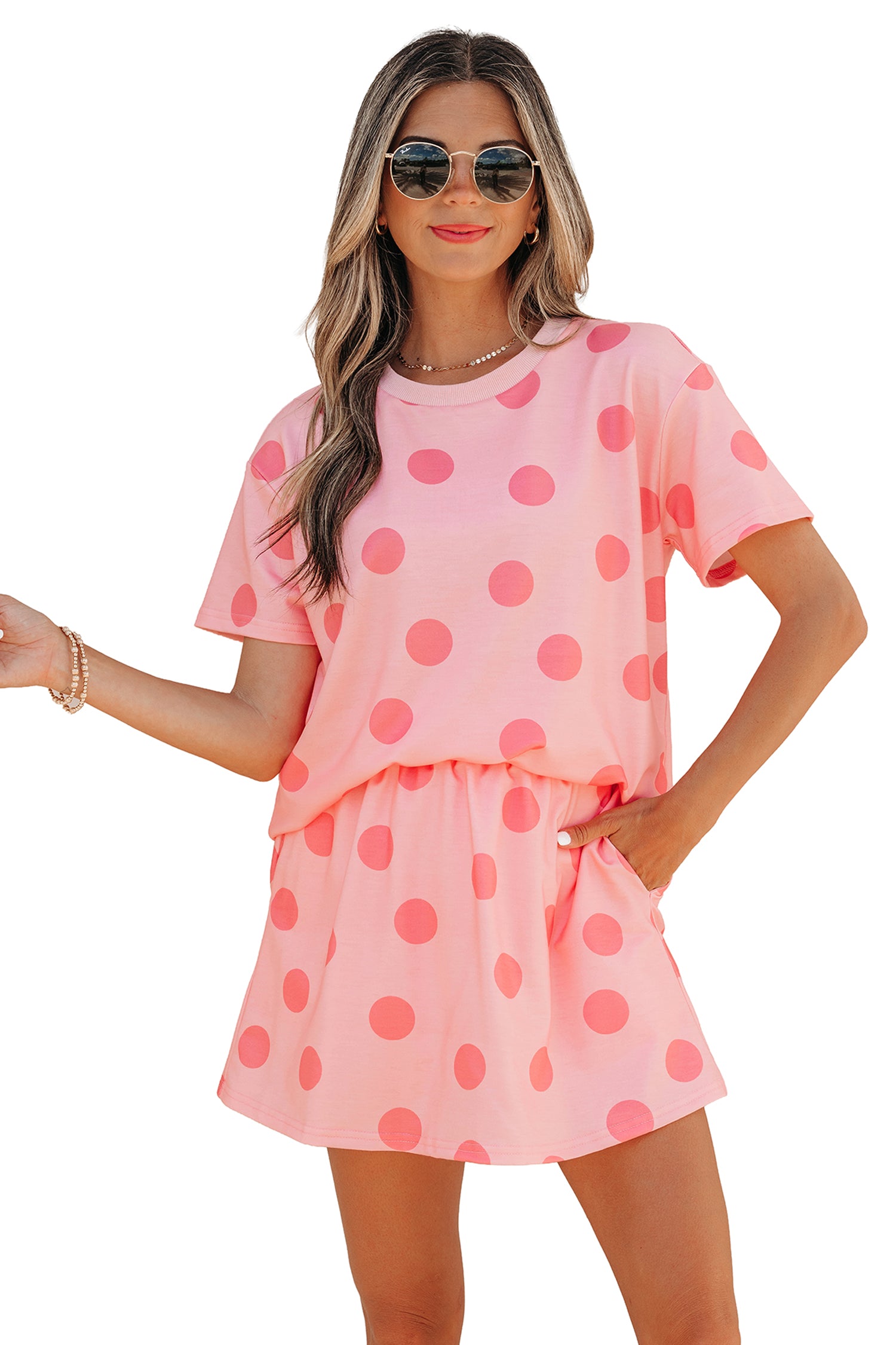 White Polka Dot Short Sleeve Top Casual Skort 2pcs Outfit