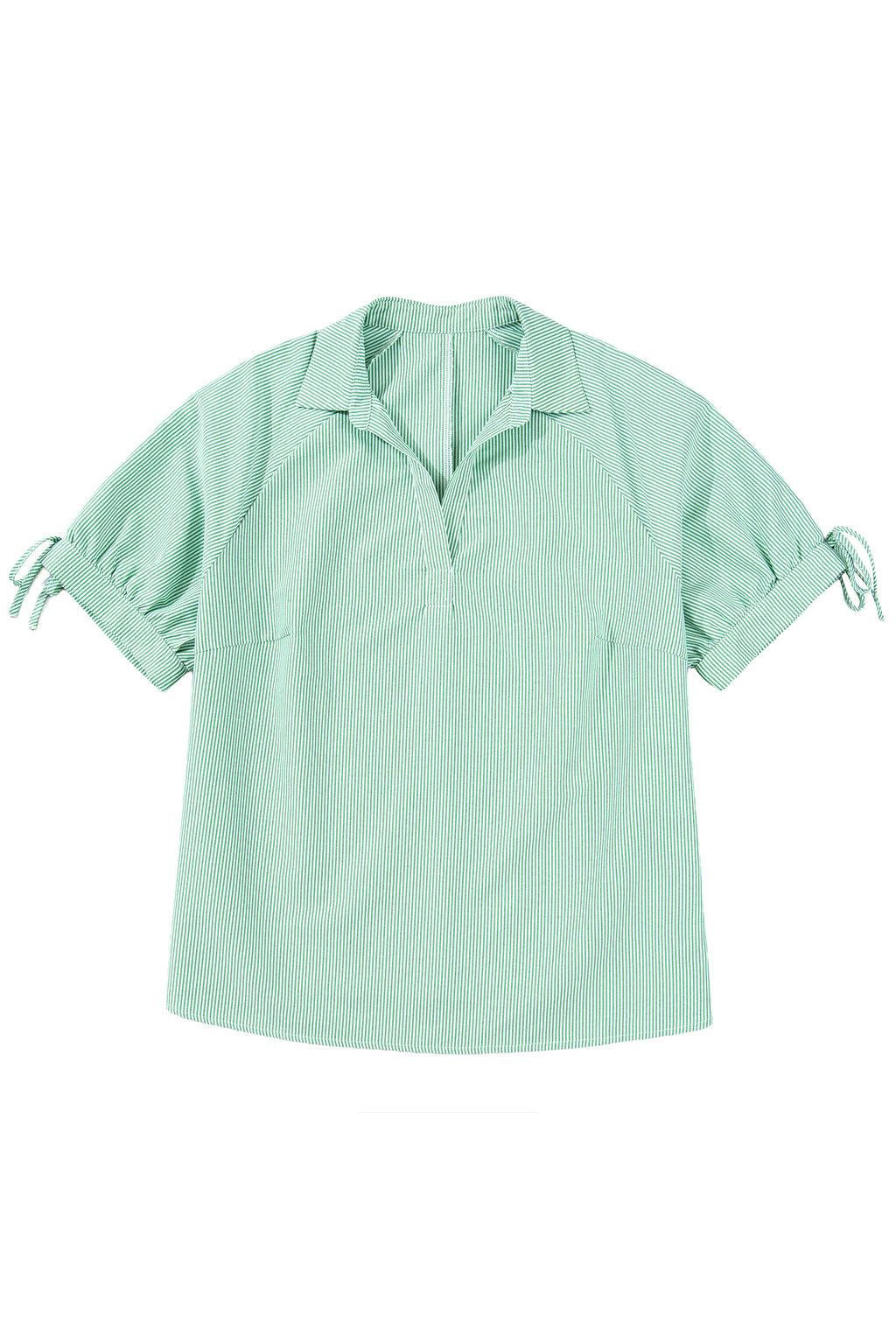 Mint Green Plus Size Striped Print Collar V Neck Short Sleeve Blouse