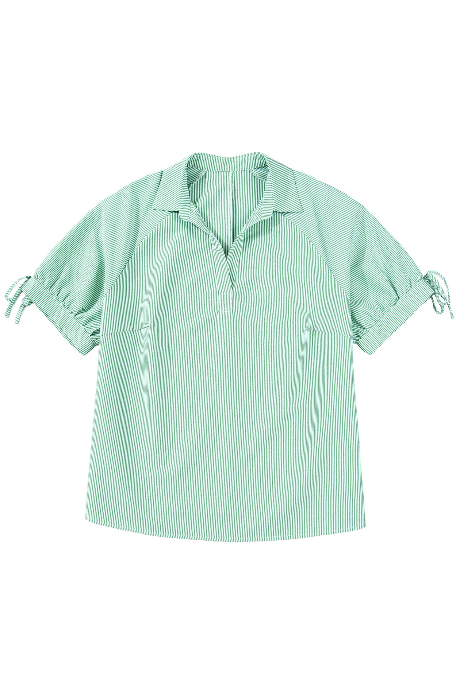 Mint Green Plus Size Striped Print Collar V Neck Short Sleeve Blouse