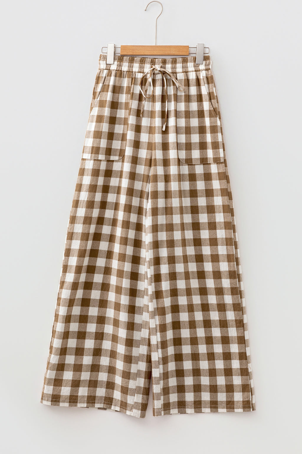 Brown Gingham Plaid Tie Elastic Waist Shift Pants