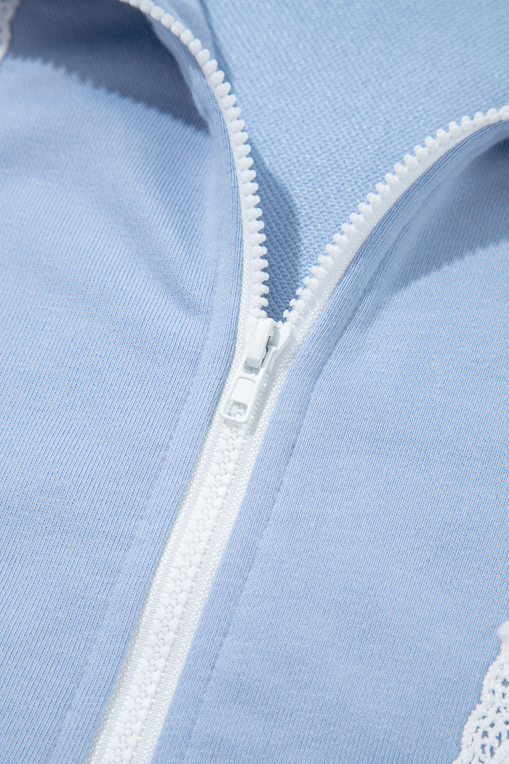 Sky Blue Lace Accent Zipped Collar Short Sleeve Top Sweatpants Set