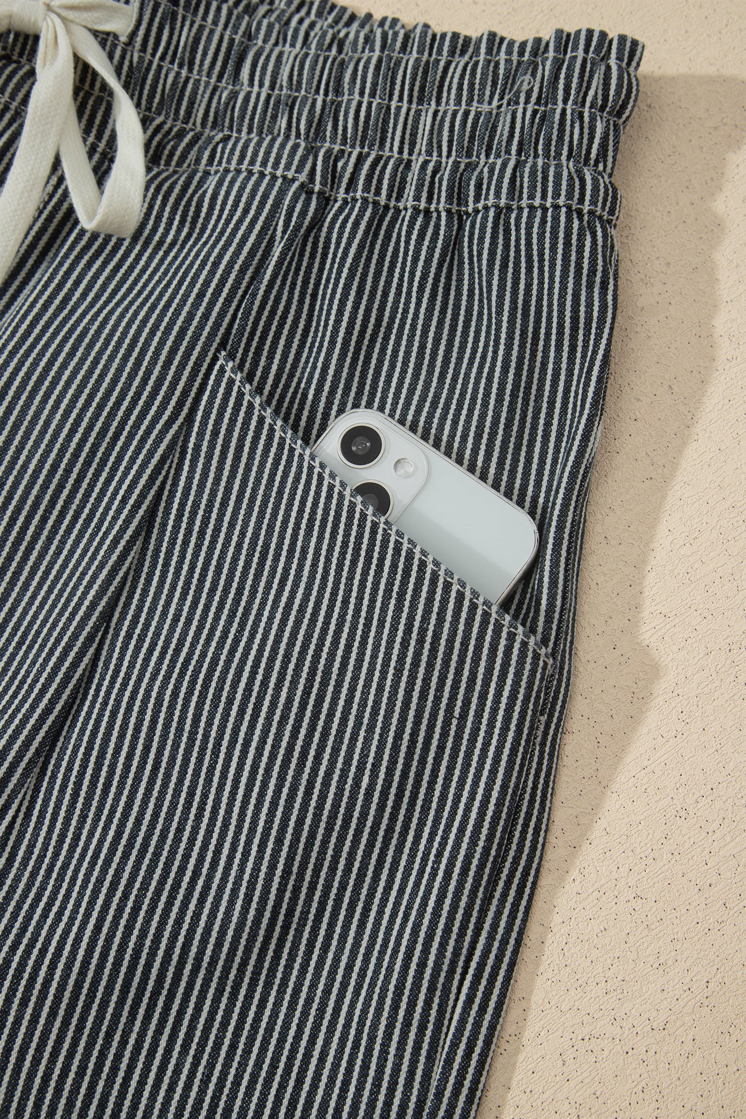 Black Stripe Raw Edge Drawstring Elastic Waist Casual Denim Shorts