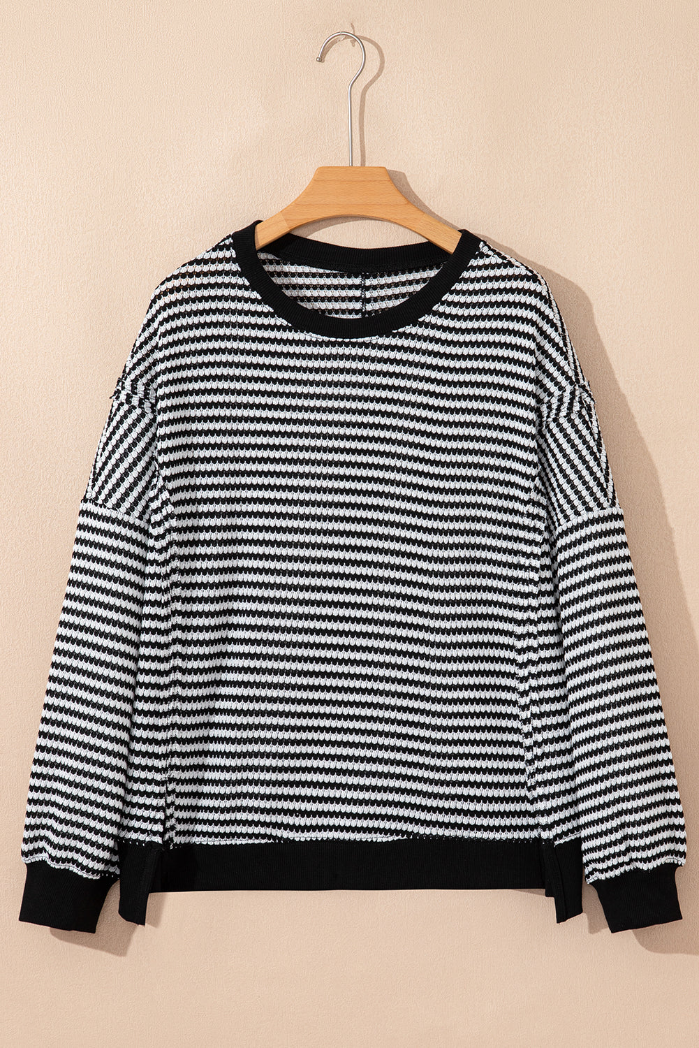 Brown Stripe Ribbed Trim Drop Shoulder Long Sleeve Oversize Top
