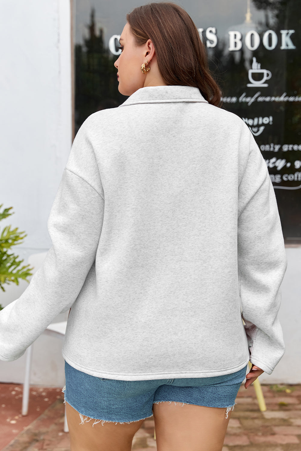 Gray Camo Leaves Patchwork Zipped Collar Pullover Plus Size Sweatshirt
