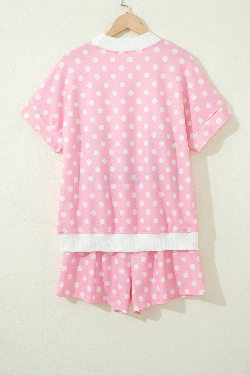Sky Blue Polka Dot Print Color Block Trim Mock Neck Short Set