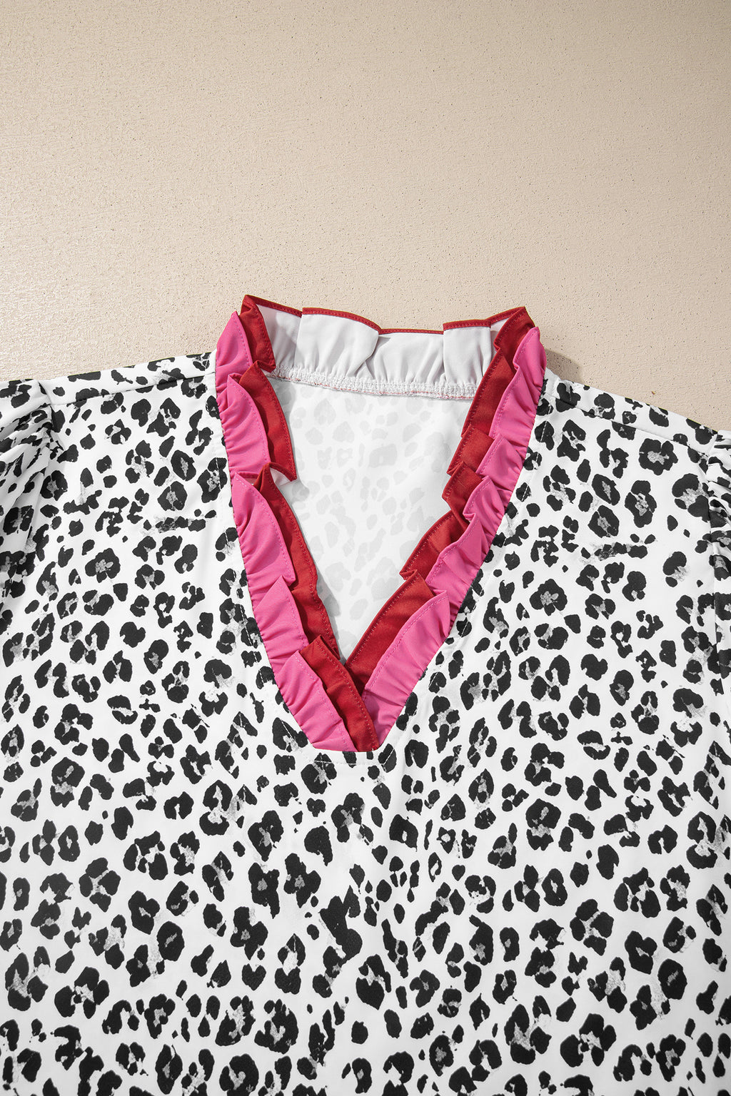 Pink Stripe Ruffled Trim V Neck Leopard Print Short Sleeve Blouse
