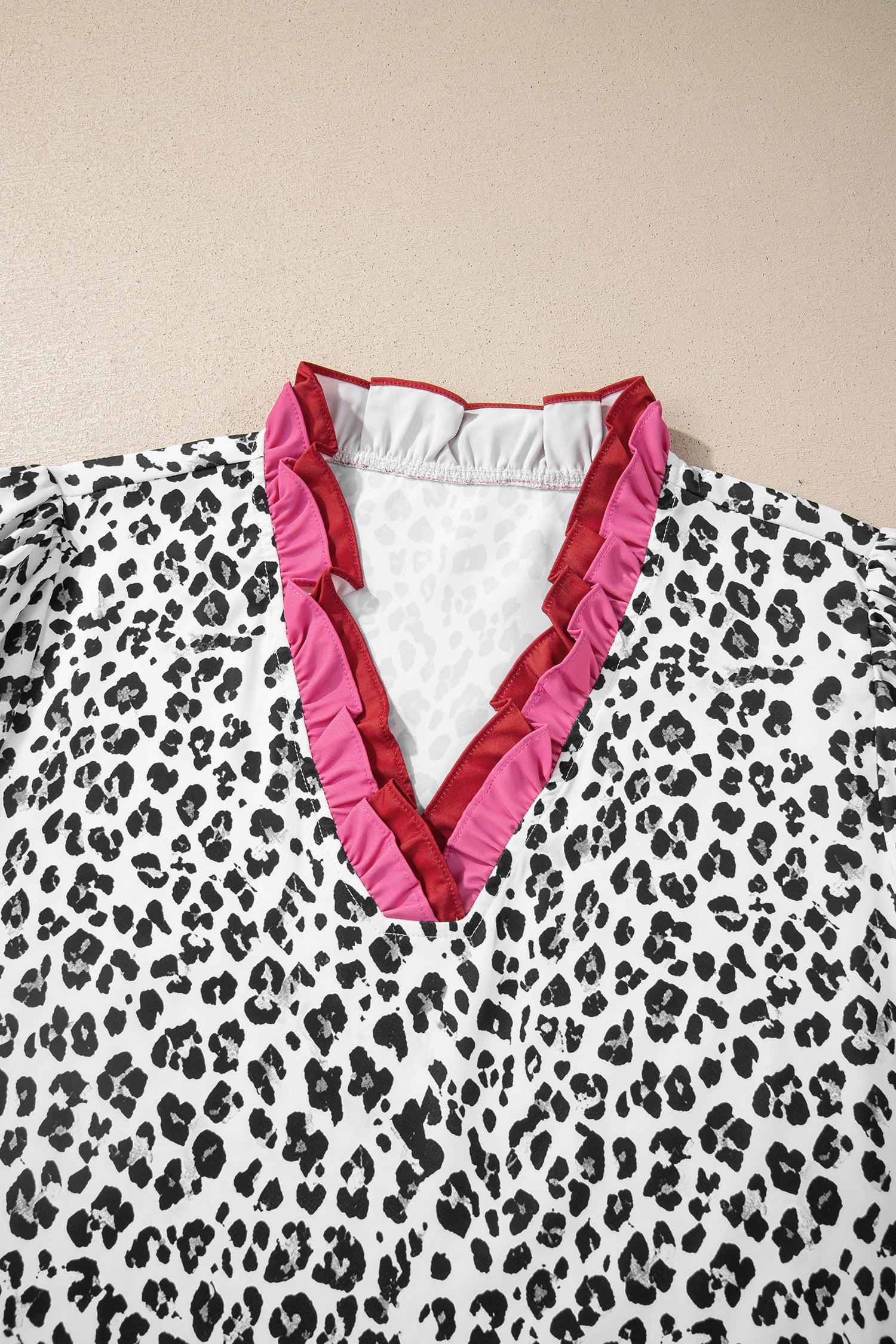 Pink Stripe Ruffled Trim V Neck Leopard Print Short Sleeve Blouse