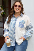 Sky Blue Leopard Striped Patchwork Casual Plus Shirt