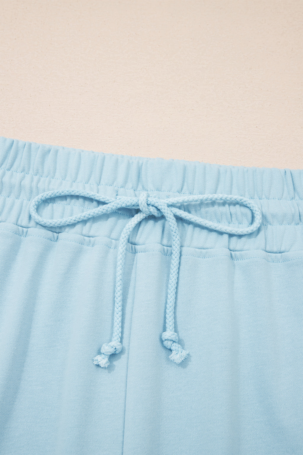 Clearly Aqua Solid Color Ribbed Trim Short Sleeve Top Drawstring Loose Pants 2pcs Outfit