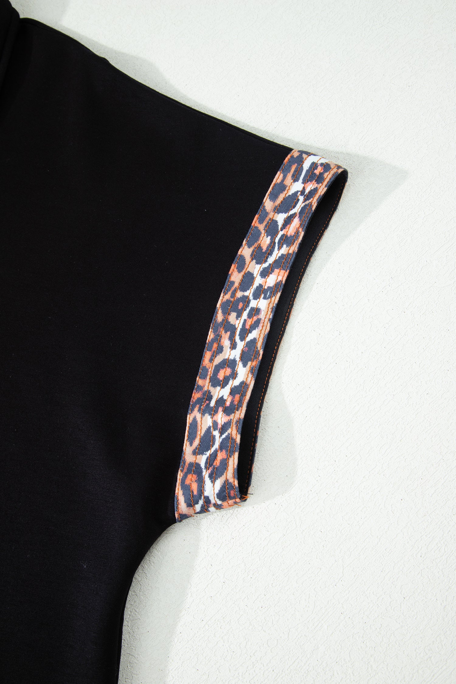 Black Plus Size Leopard Patchwork Half Zip Short Sleeve Top