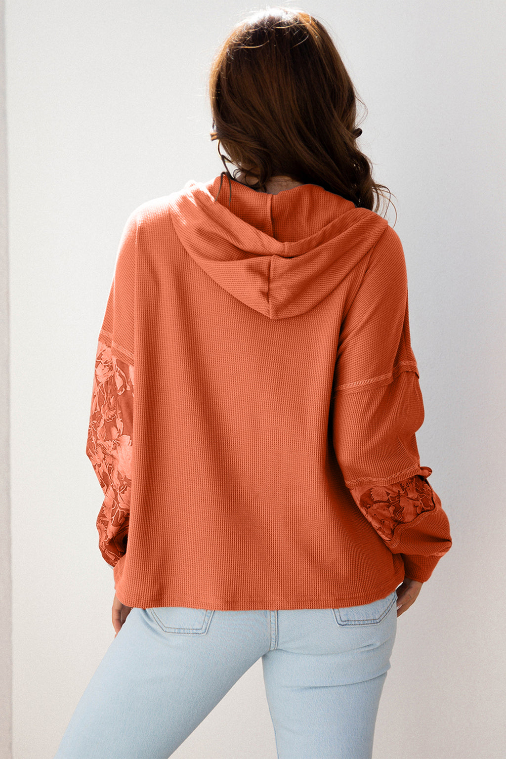 Gray Waffle Printed Patchwork Drawstring Hooded Long Sleeve Top