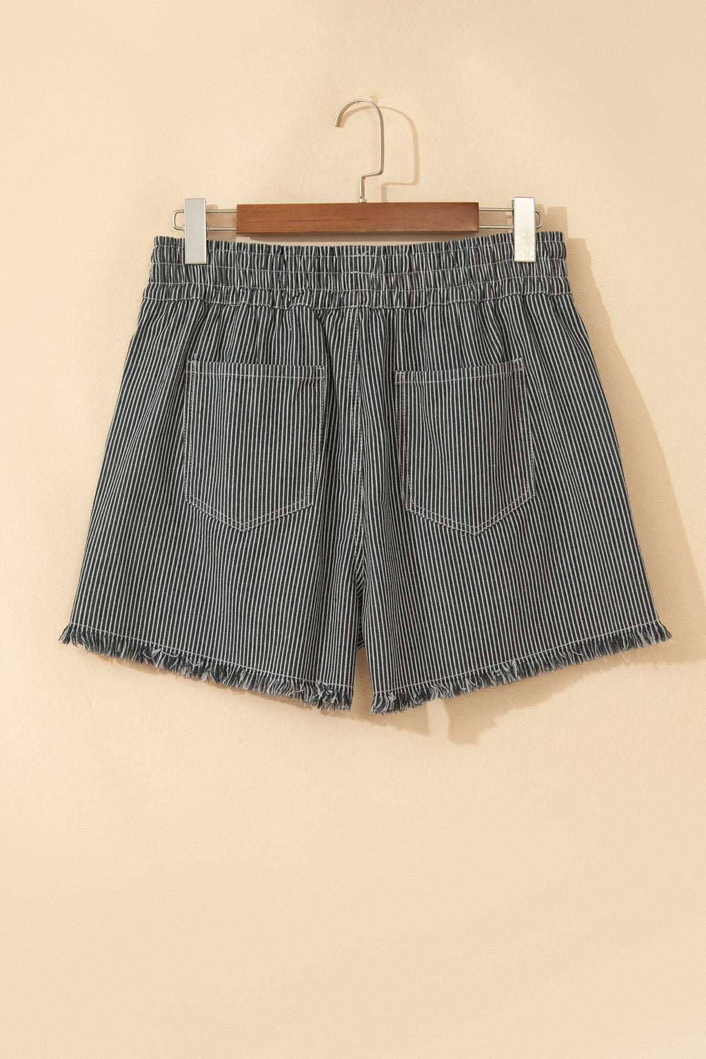 Black Stripe Raw Edge Drawstring Elastic Waist Casual Denim Shorts