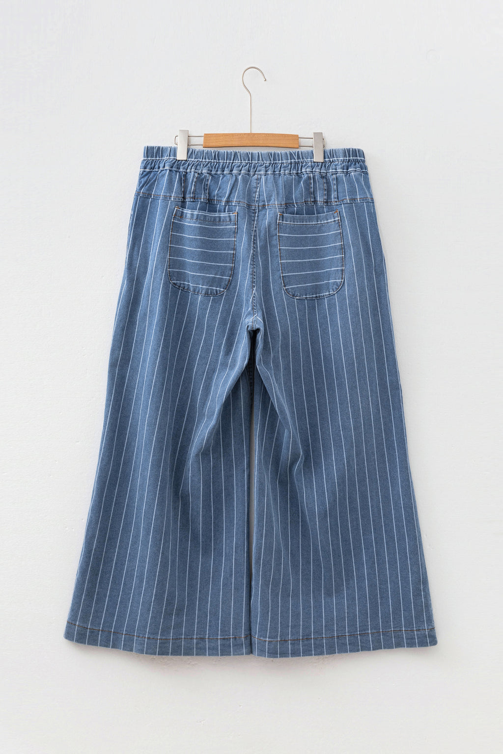 Sky Blue Stripe Plus Size Buttoned Loose Wide Leg Denim Pants