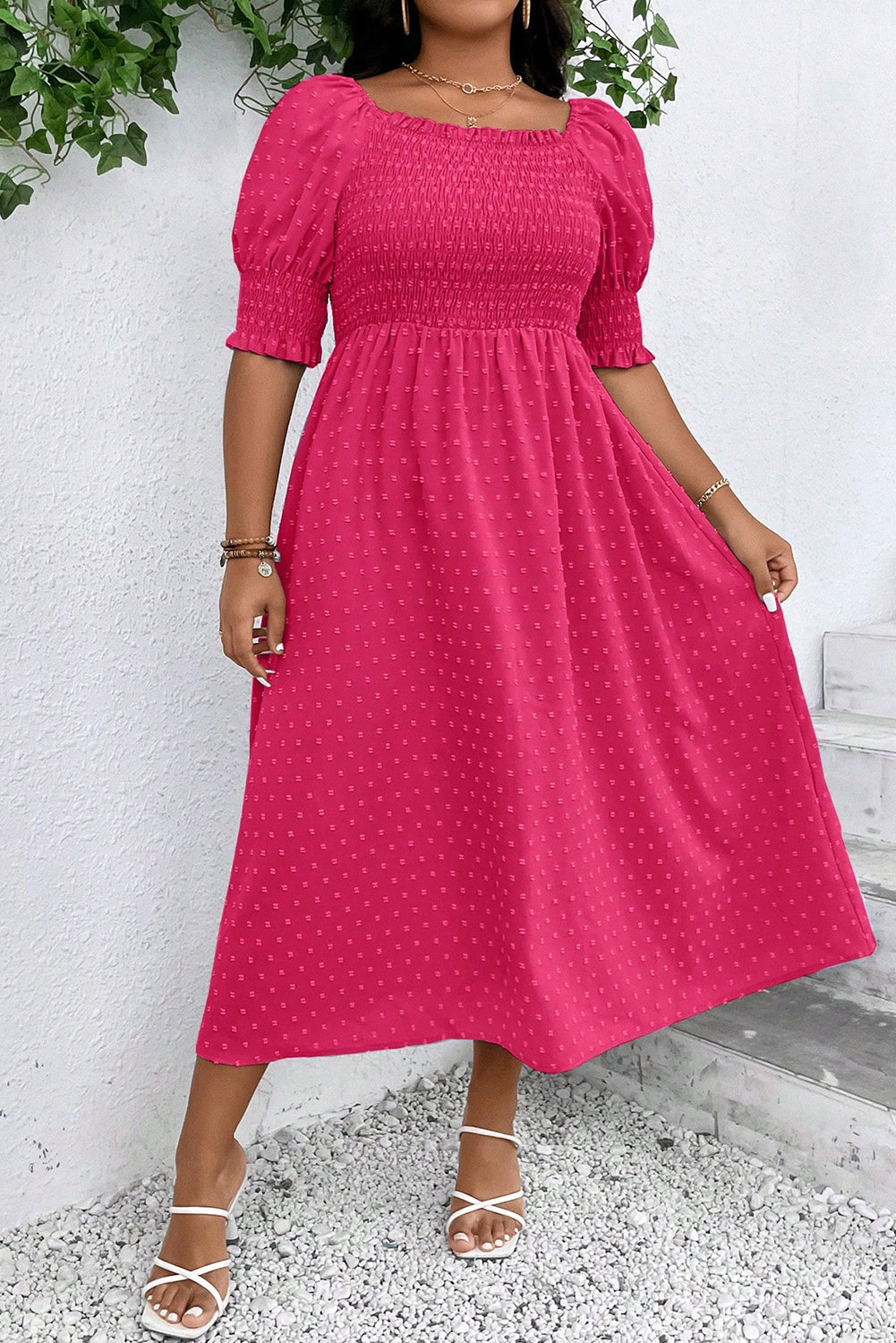 Wisteria Swiss Dot Smocked Frilled Neckline Short Sleeve Plus Size Dress