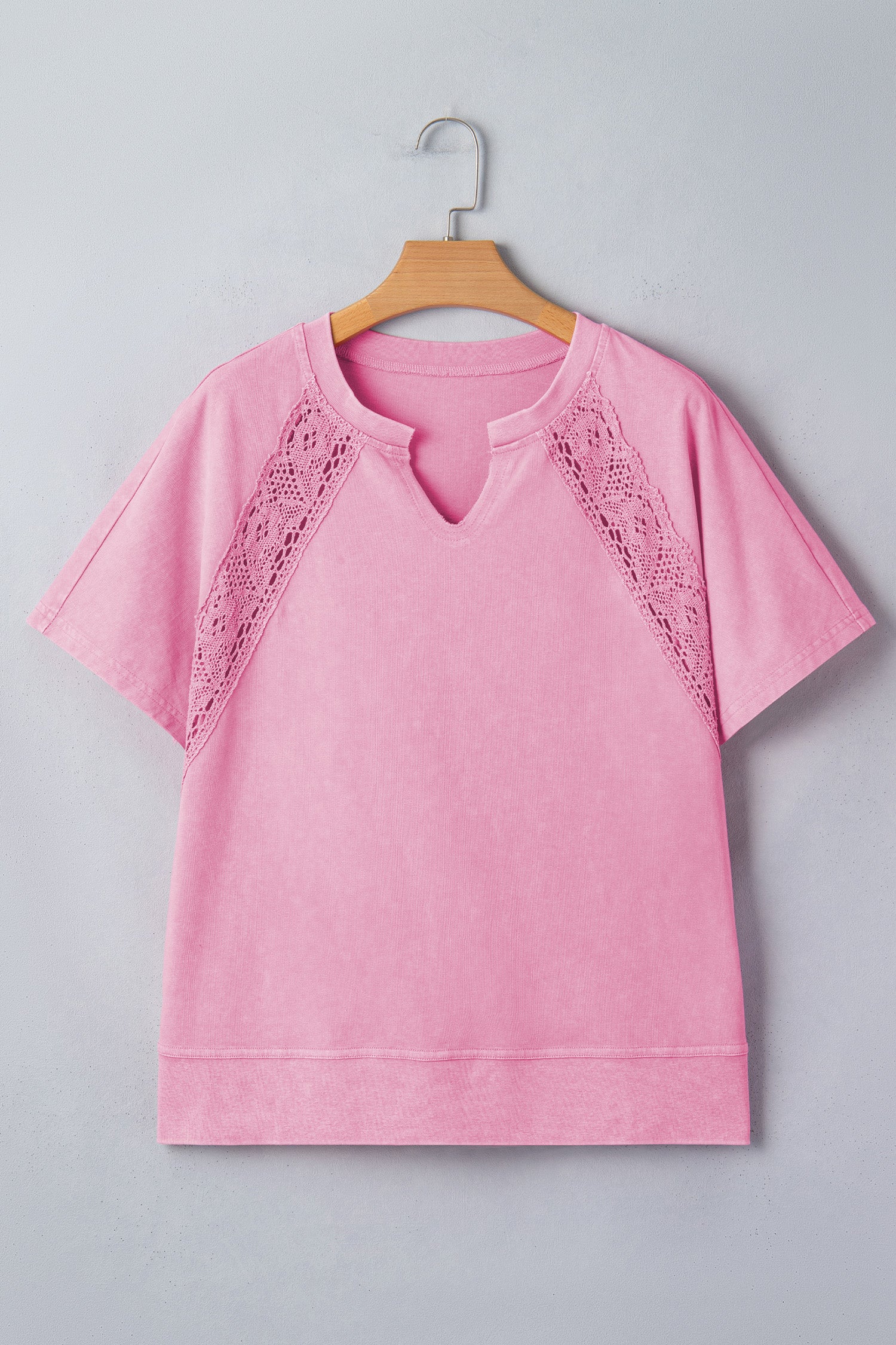 Mint Green Raw Cut Notched Neck Lace Patchwork Detail Mineral Wash Tee