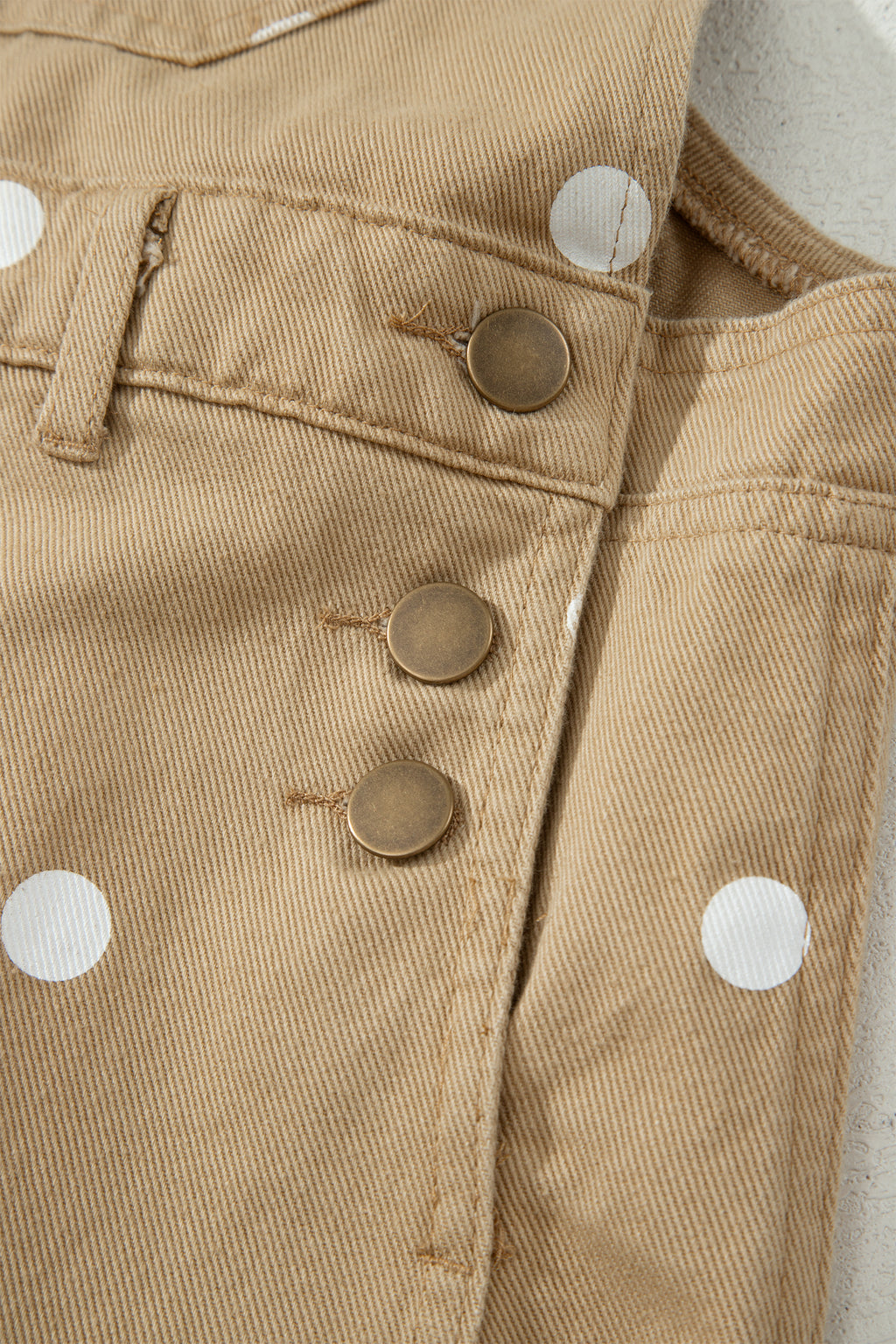 Light French Beige Polka Dot Print Bib Pocket Denim Barrel Overalls Jumpsuit