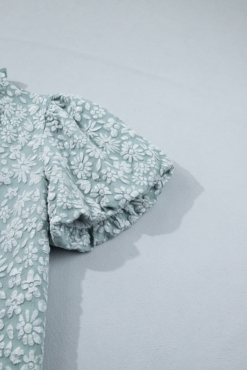 Iceland Blue Floral Textured Jacquard Puff Sleeve Blouse