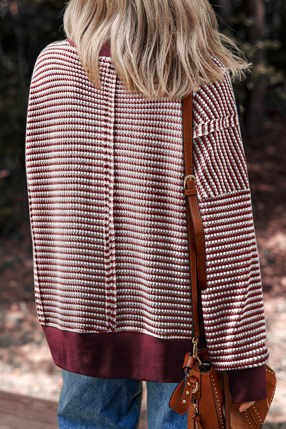 Brown Stripe Ribbed Trim Drop Shoulder Long Sleeve Oversize Top