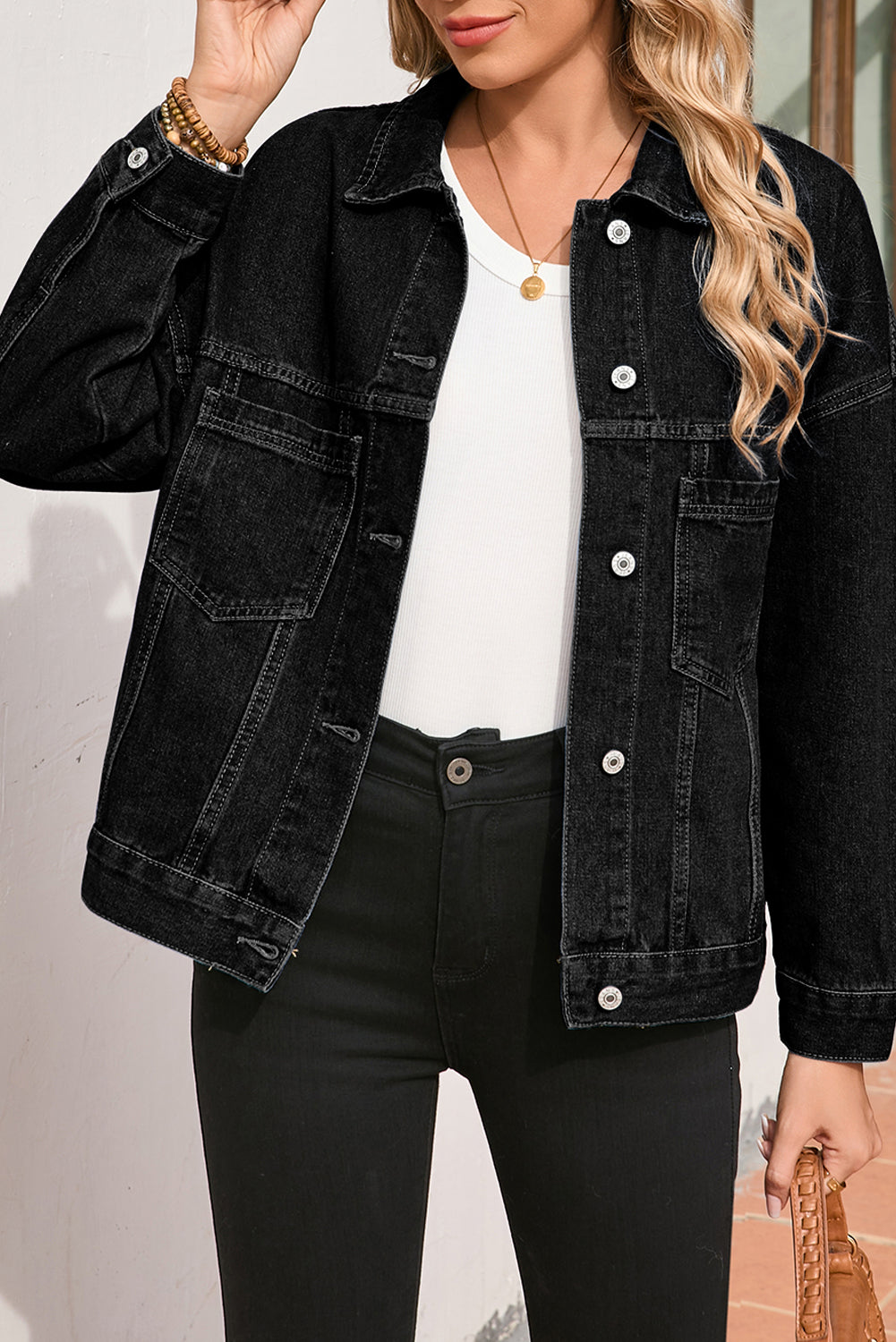 Sky Blue Stripe Washed Oversize Pocketed Denim Jacket