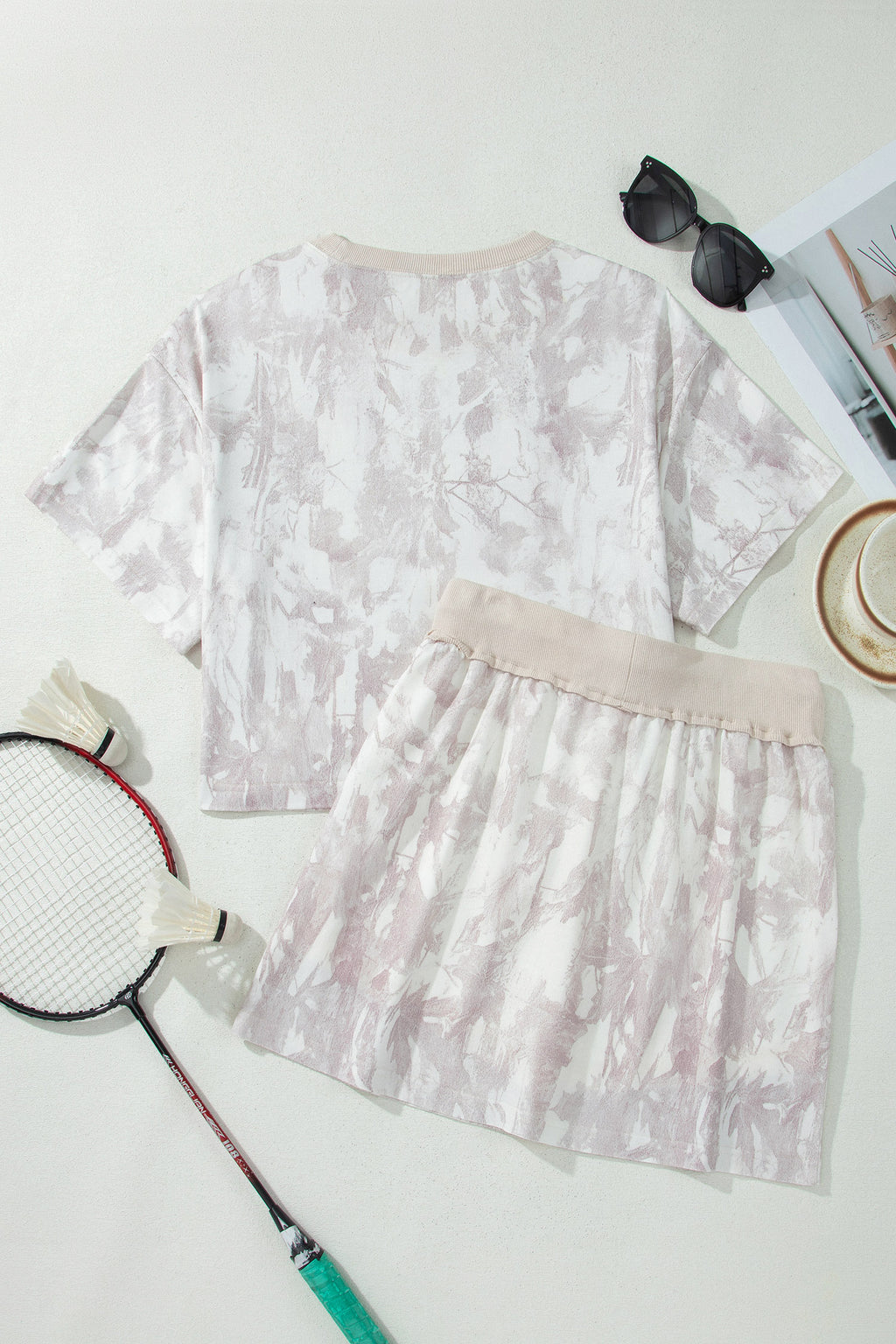 Gray Woodland Camo Print Raw Edge Cropped Top Skirt Set