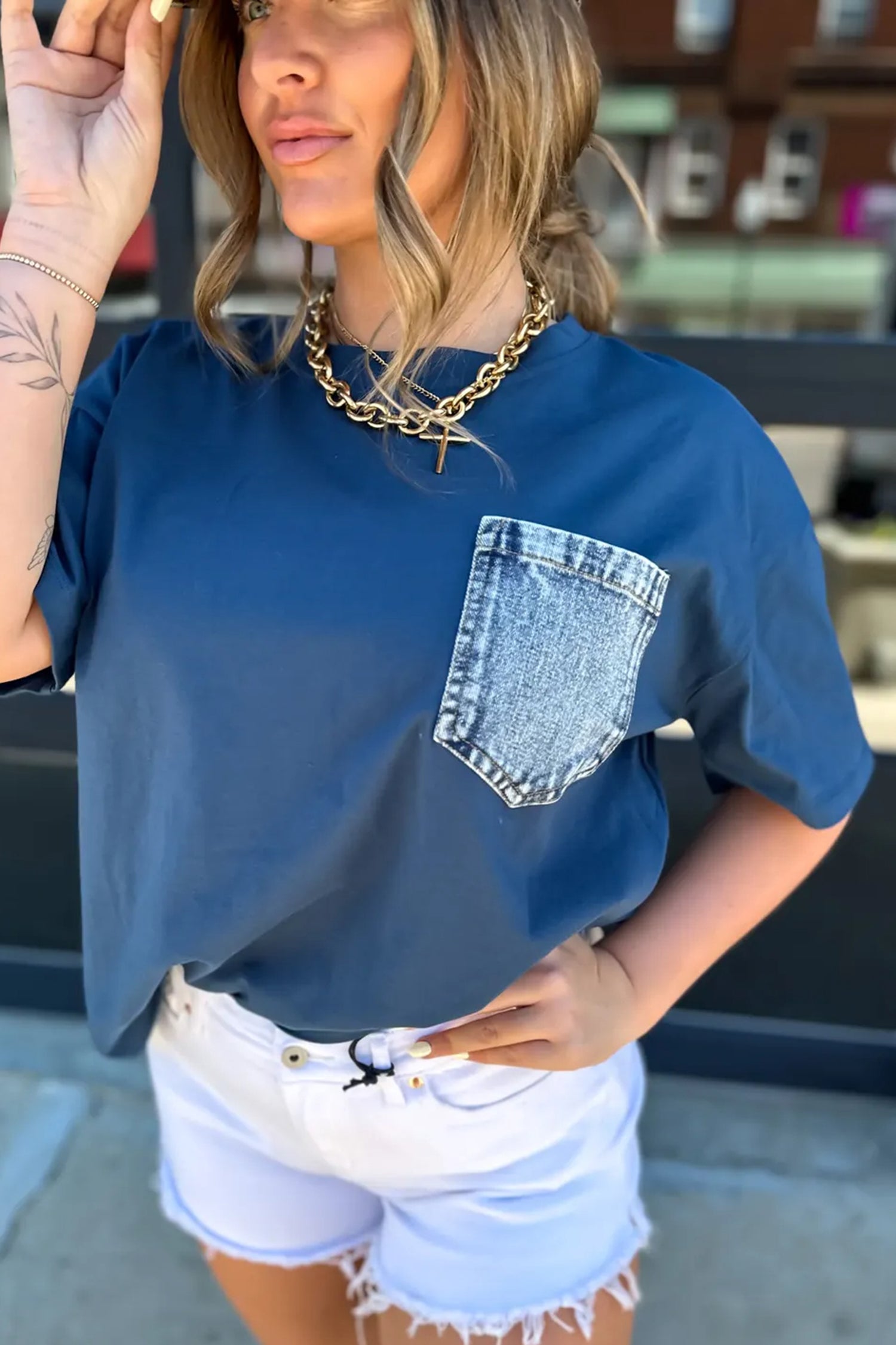 White Color Block Chest Pocket Patched Casual Short Sleeve Top