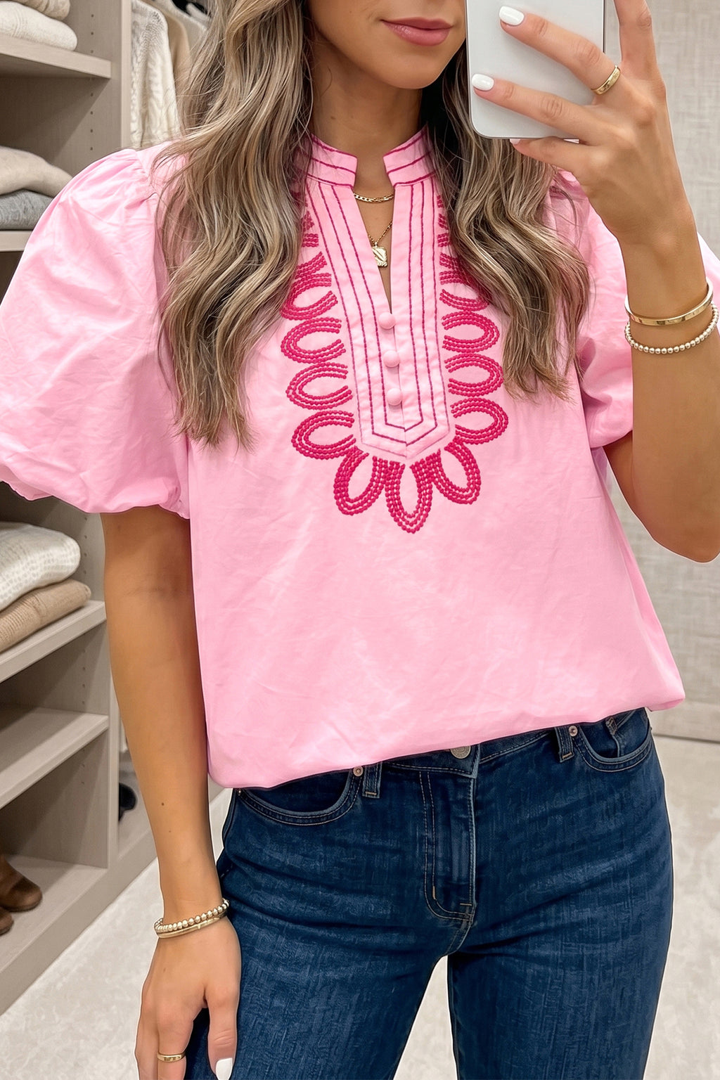 Pink Boho Embroidered Detail Puff Sleeve Cotton Blouse