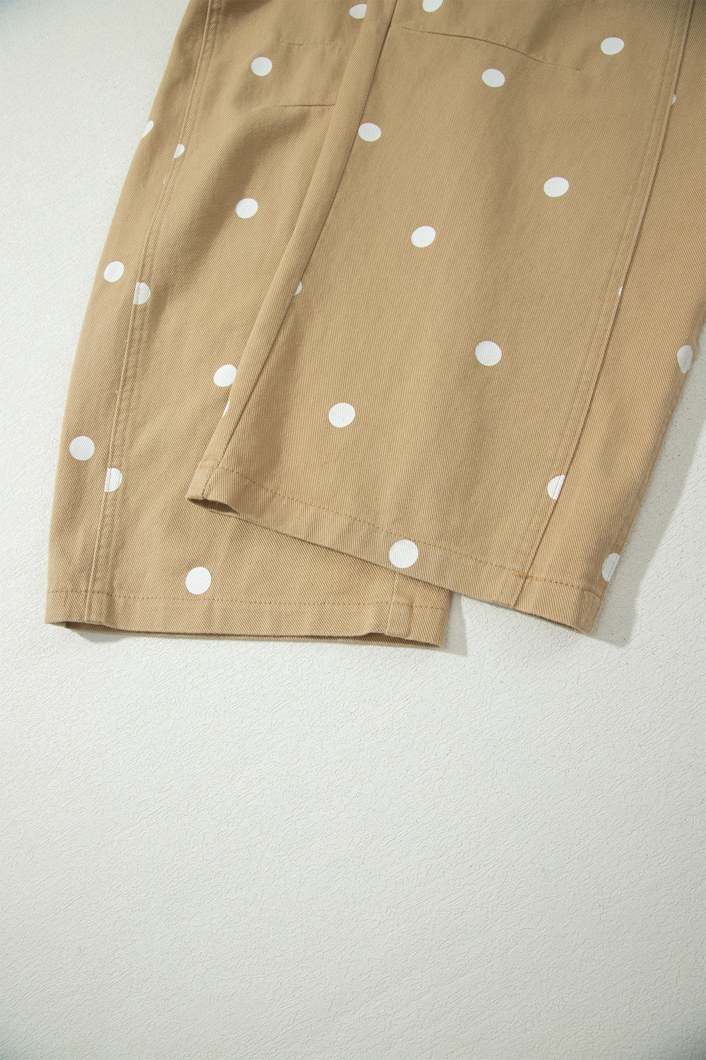 Light French Beige Polka Dot Print Bib Pocket Denim Barrel Overalls Jumpsuit