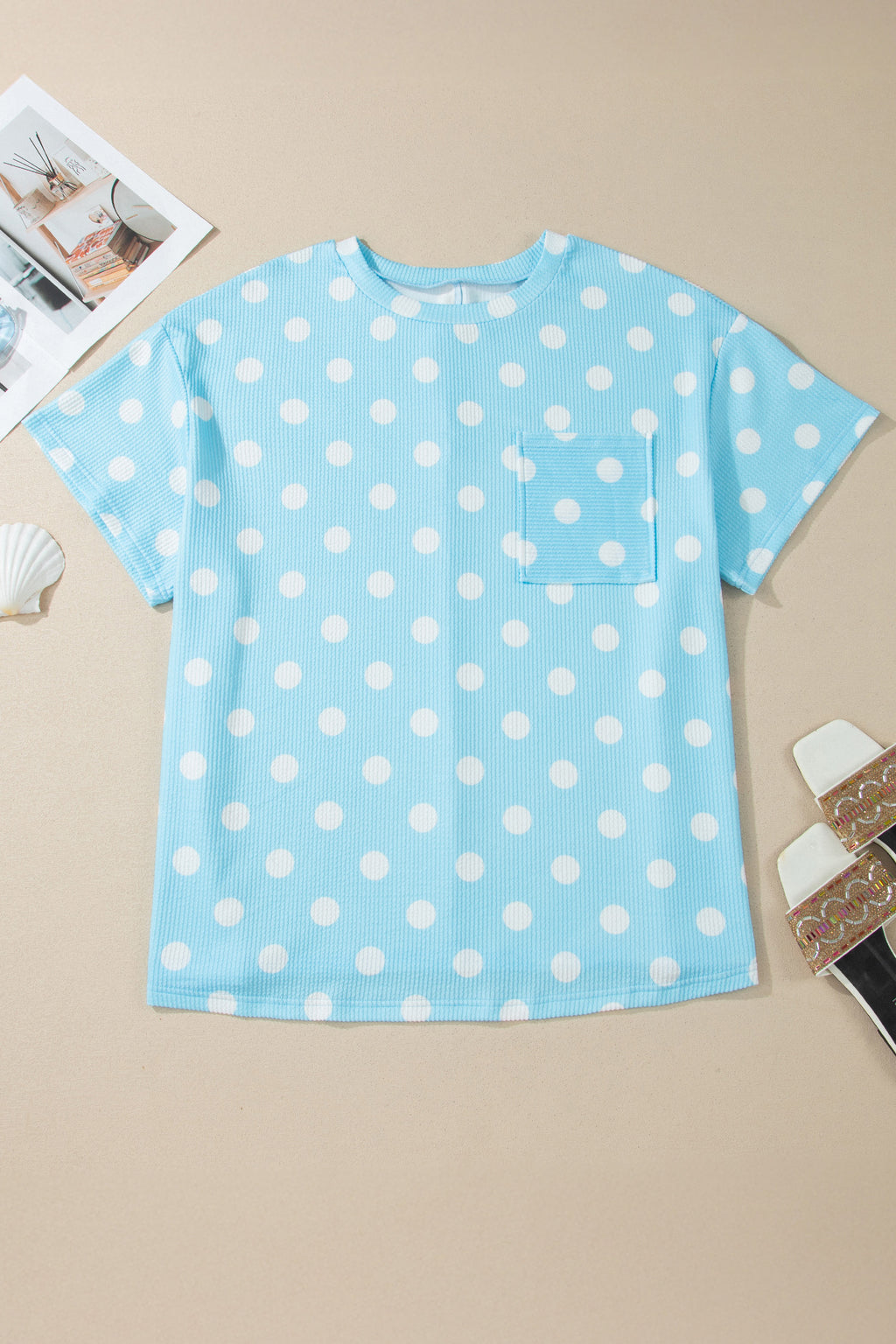 Sky Blue Twisted Rib Polka Dot Print Plus Size T Shirt