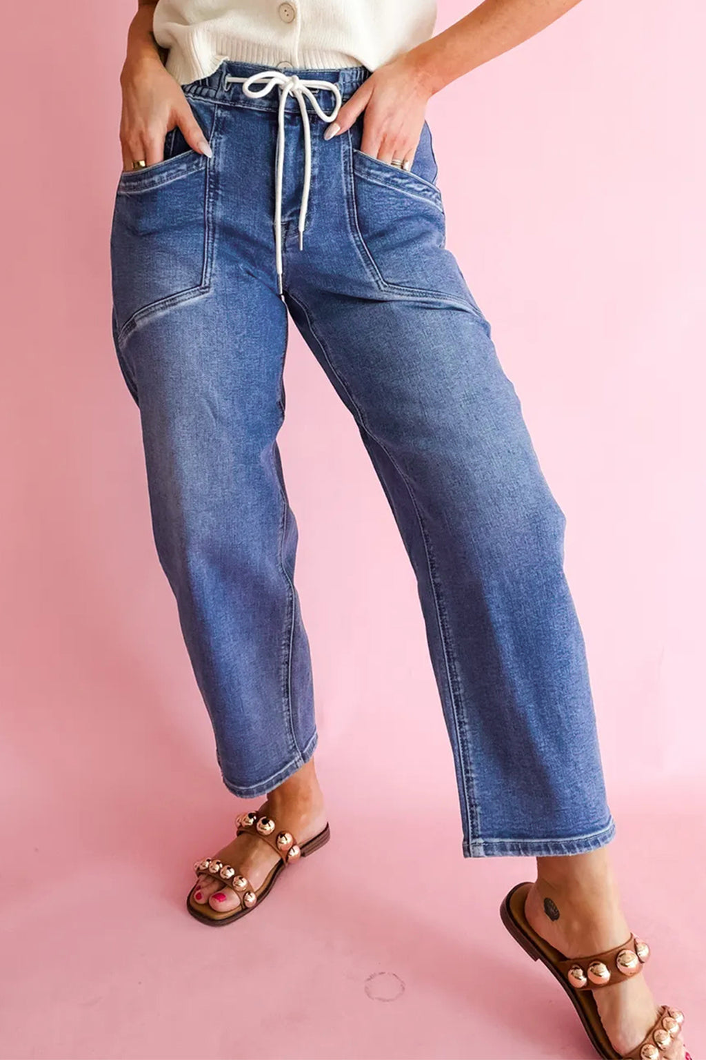 Ashleigh Blue Drawstring Waist Ankle Length Casual Jeans Regular Fit Pocket Detail Denim Pants