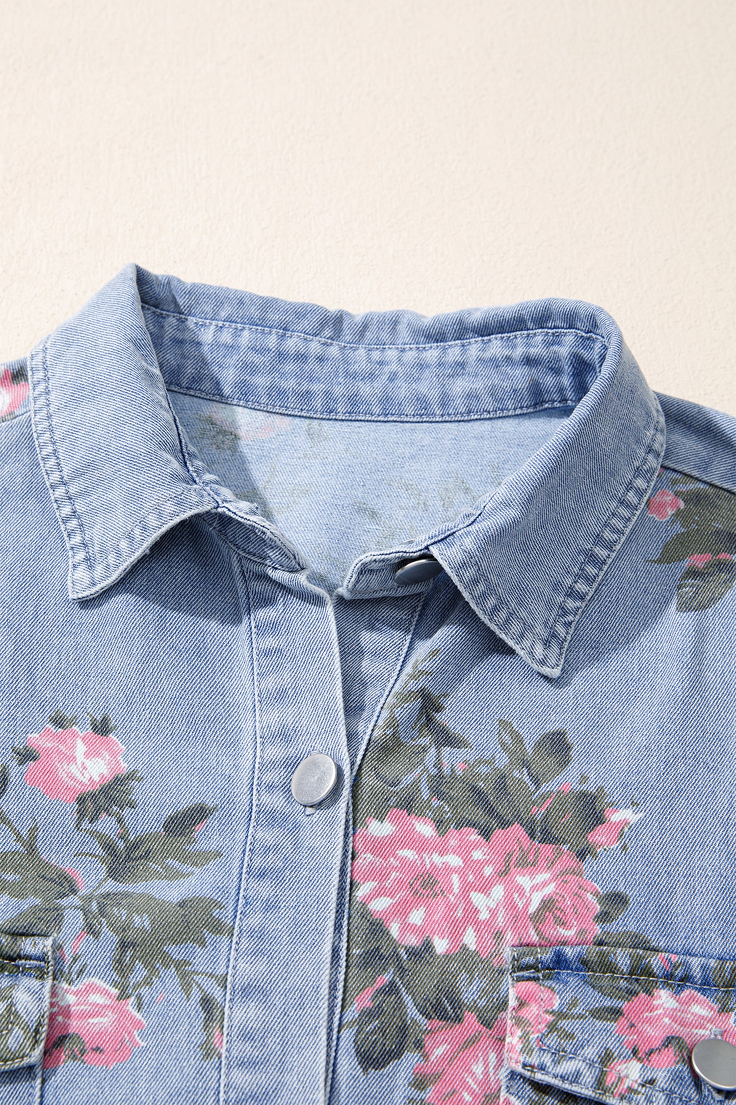 Sky Blue Denim Floral Print Cuffed Short Sleeve Button Down Shift Dress