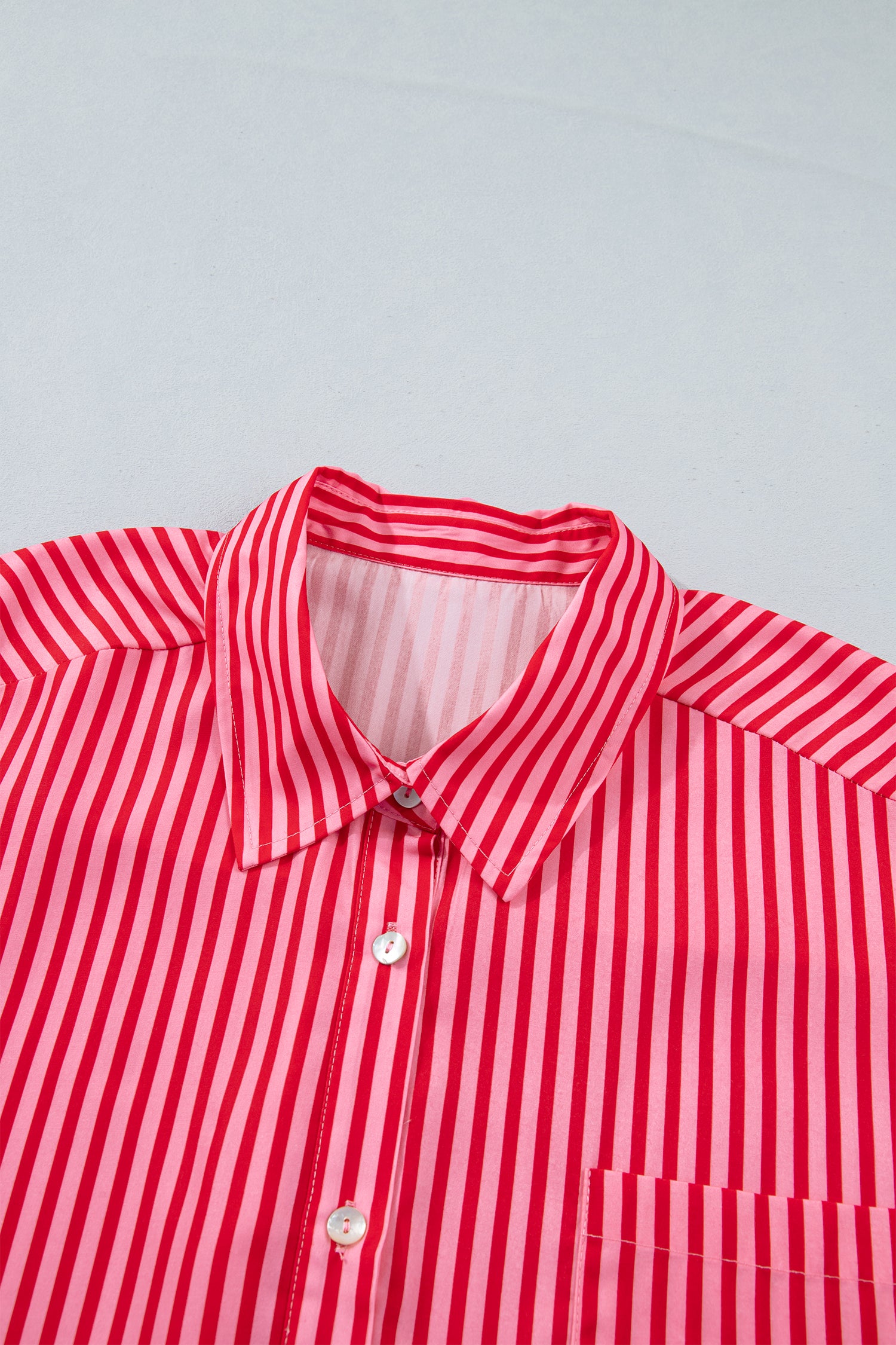 Red Stripe Button-Up Shirt Long Sleeve Patch Pocket Casual Shirt