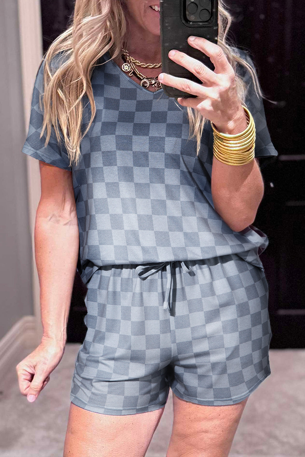 Beige Checkered V Neck Tee Drawstring Shorts Lounge Set