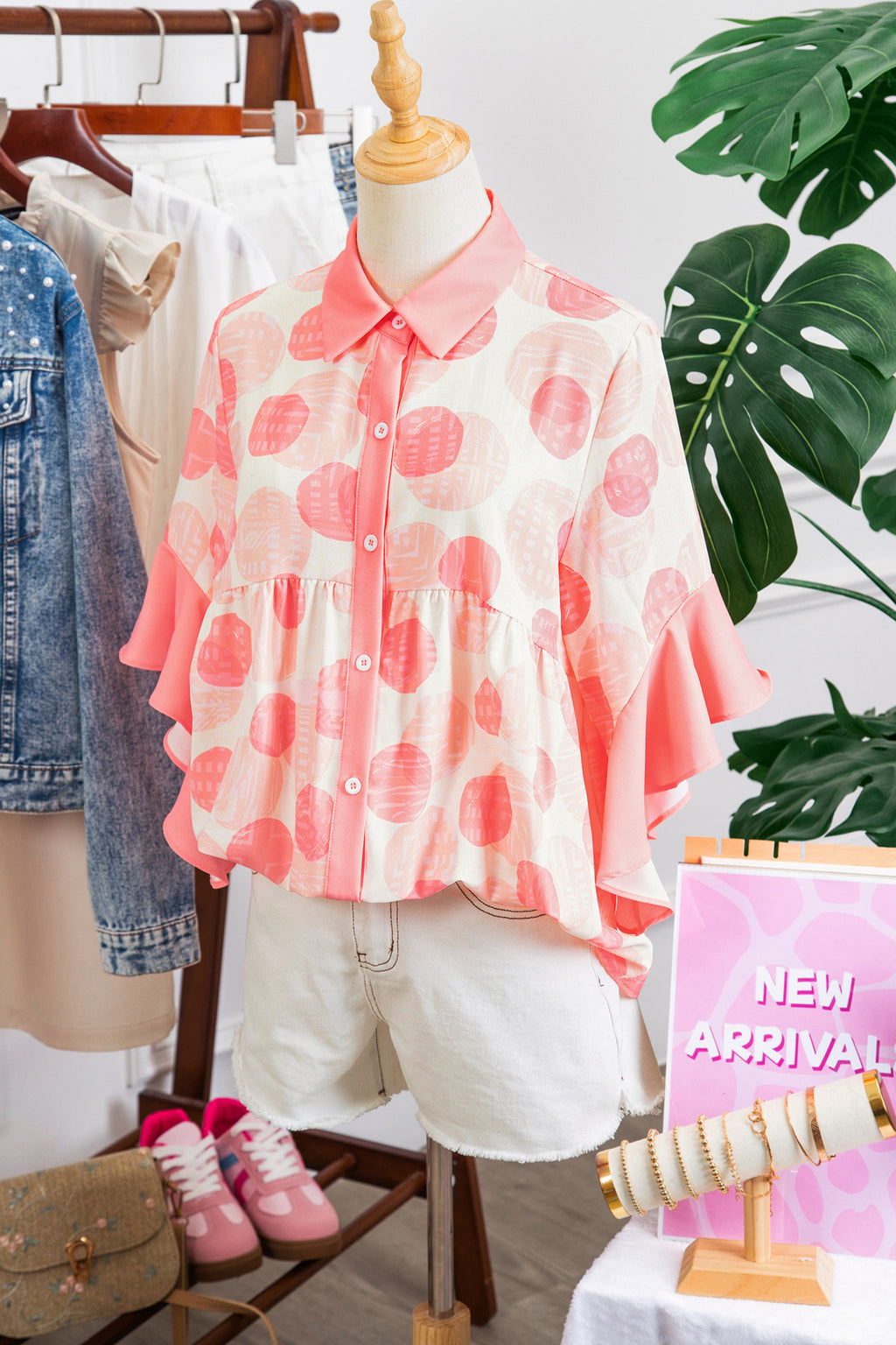 Pink Double Polka Dot Printed Ruffle Trim Short Sleeve Babydoll Shirt