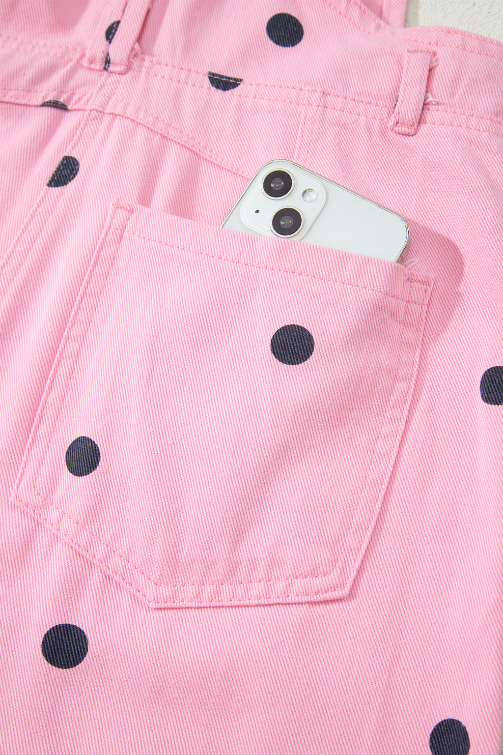 Light French Beige Polka Dot Print Bib Pocket Denim Barrel Overalls Jumpsuit
