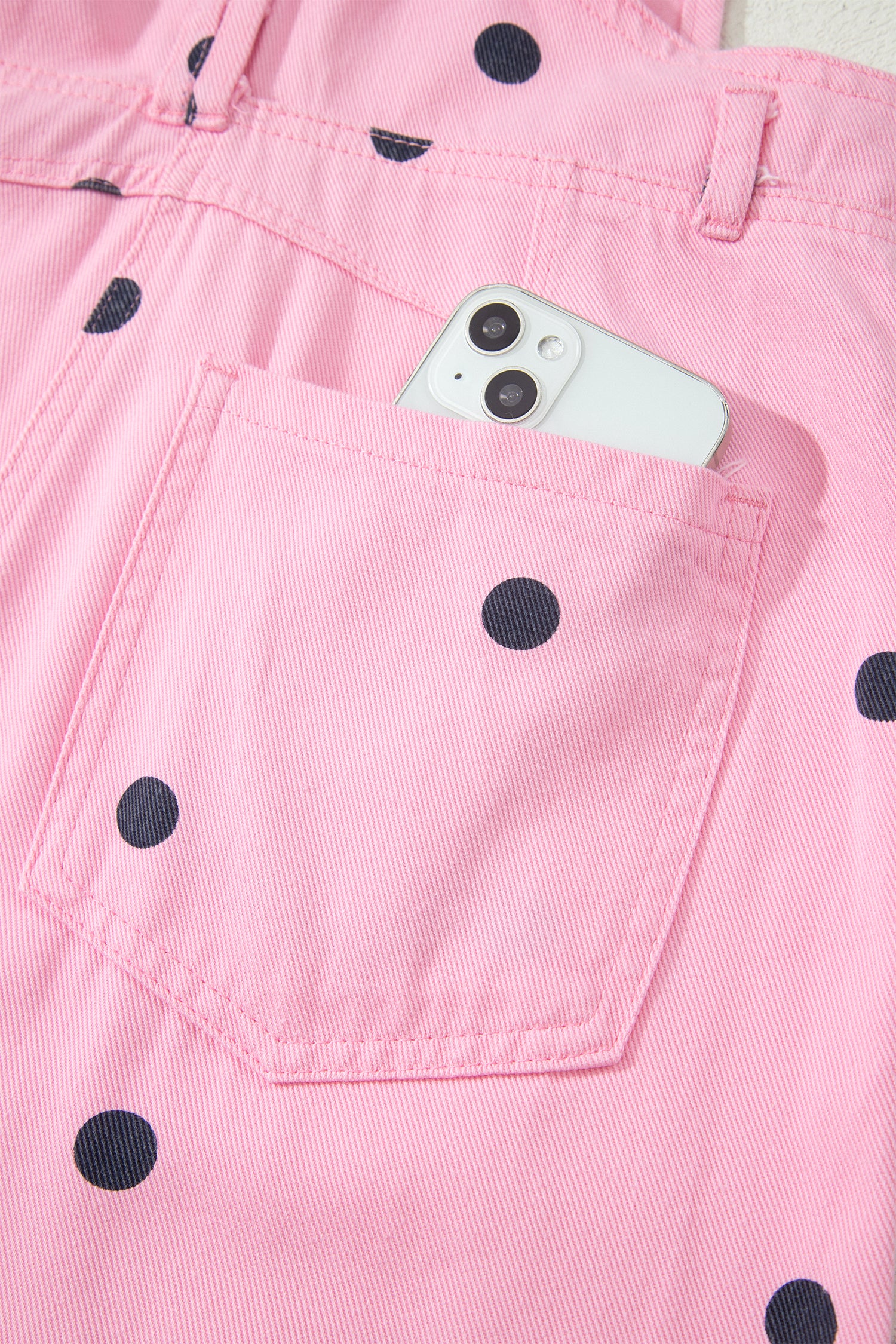 Light French Beige Polka Dot Print Bib Pocket Denim Barrel Overalls Jumpsuit