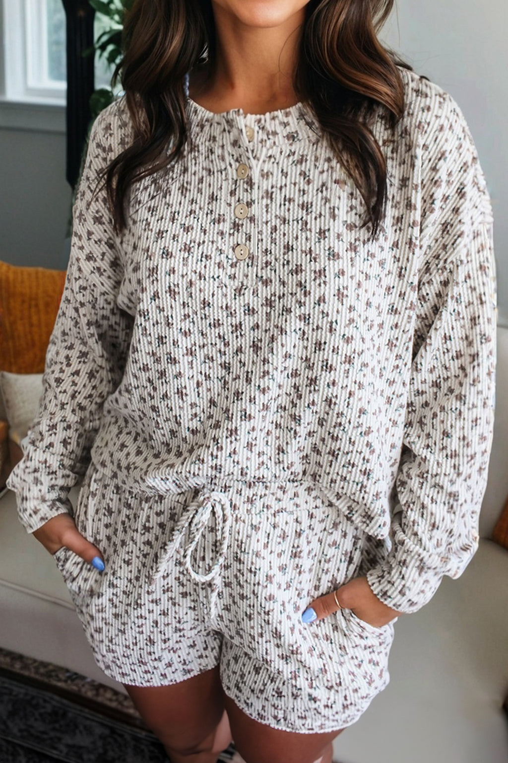 White Spiral Ribbed Floral Print Long Sleeve Henley Top Drawstring Short Set
