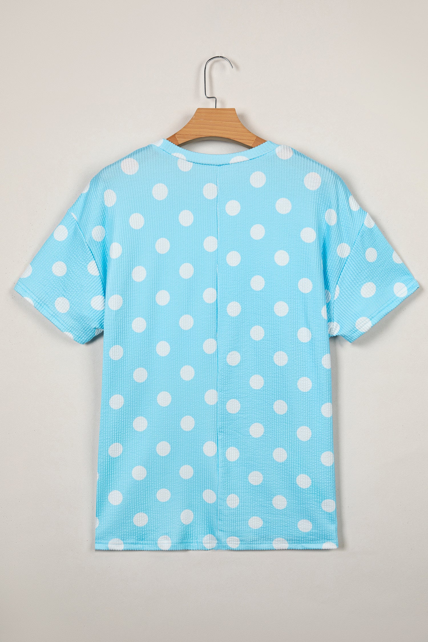 Pink Polka Dot Round Neck Drop Shoulder Patch Pocket Jacquard Texture Top
