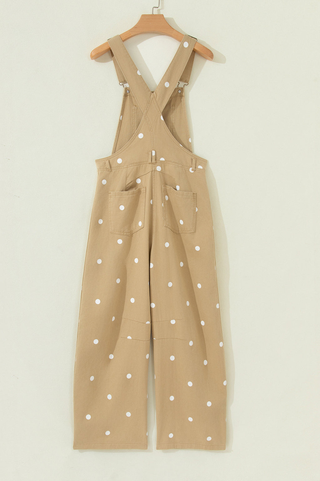 Light French Beige Polka Dot Print Bib Pocket Denim Barrel Overalls Jumpsuit