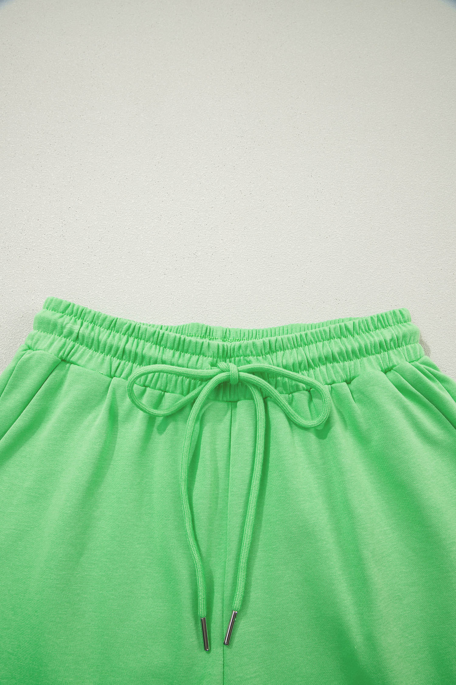 Green Solid Color Puffy Loose Top Drawstring Shorts 2pcs Outfit