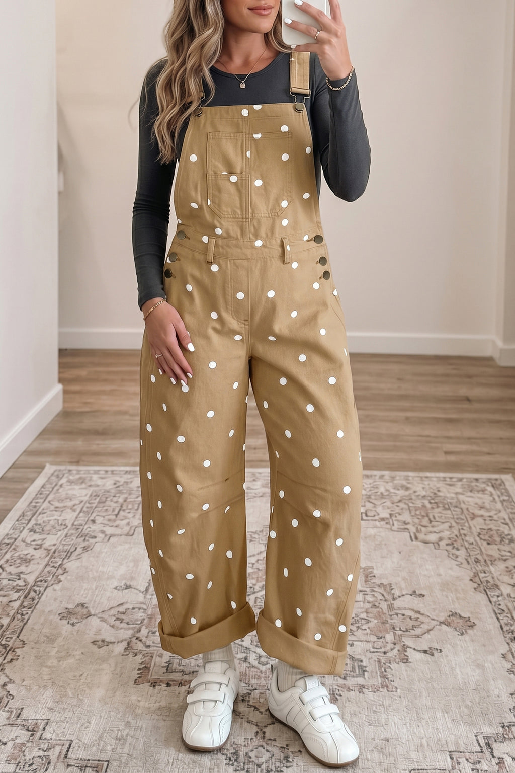 Light French Beige Polka Dot Print Bib Pocket Denim Barrel Overalls Jumpsuit