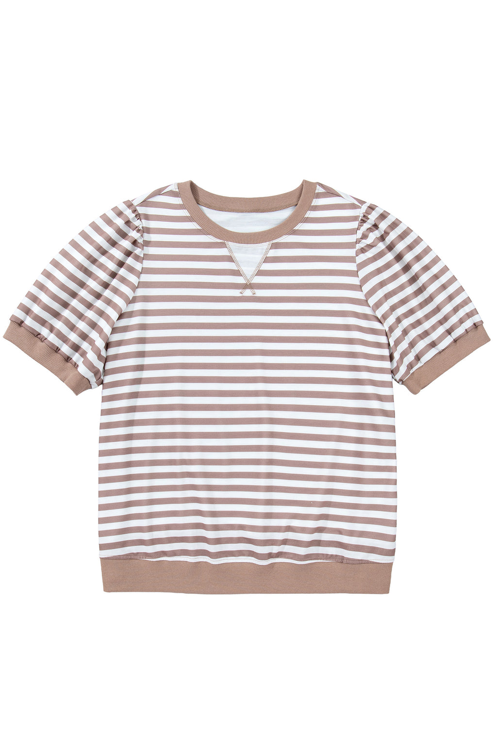 Orange Stripe Ribbed Trim Round Neck Short Puff Sleeve Plus T Shirt