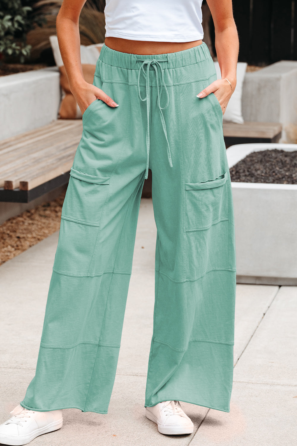 Bonbon Mineral Wash Exposed Seam Drawstring Elastic Waistband Wide Leg Cargo Pants