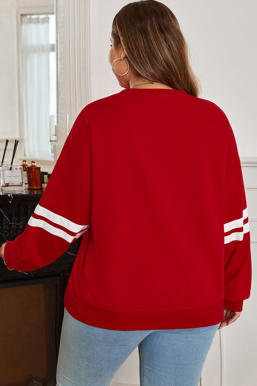 Light Grey Varsity Striped Detail Crew Neck Plus Sweatshirt