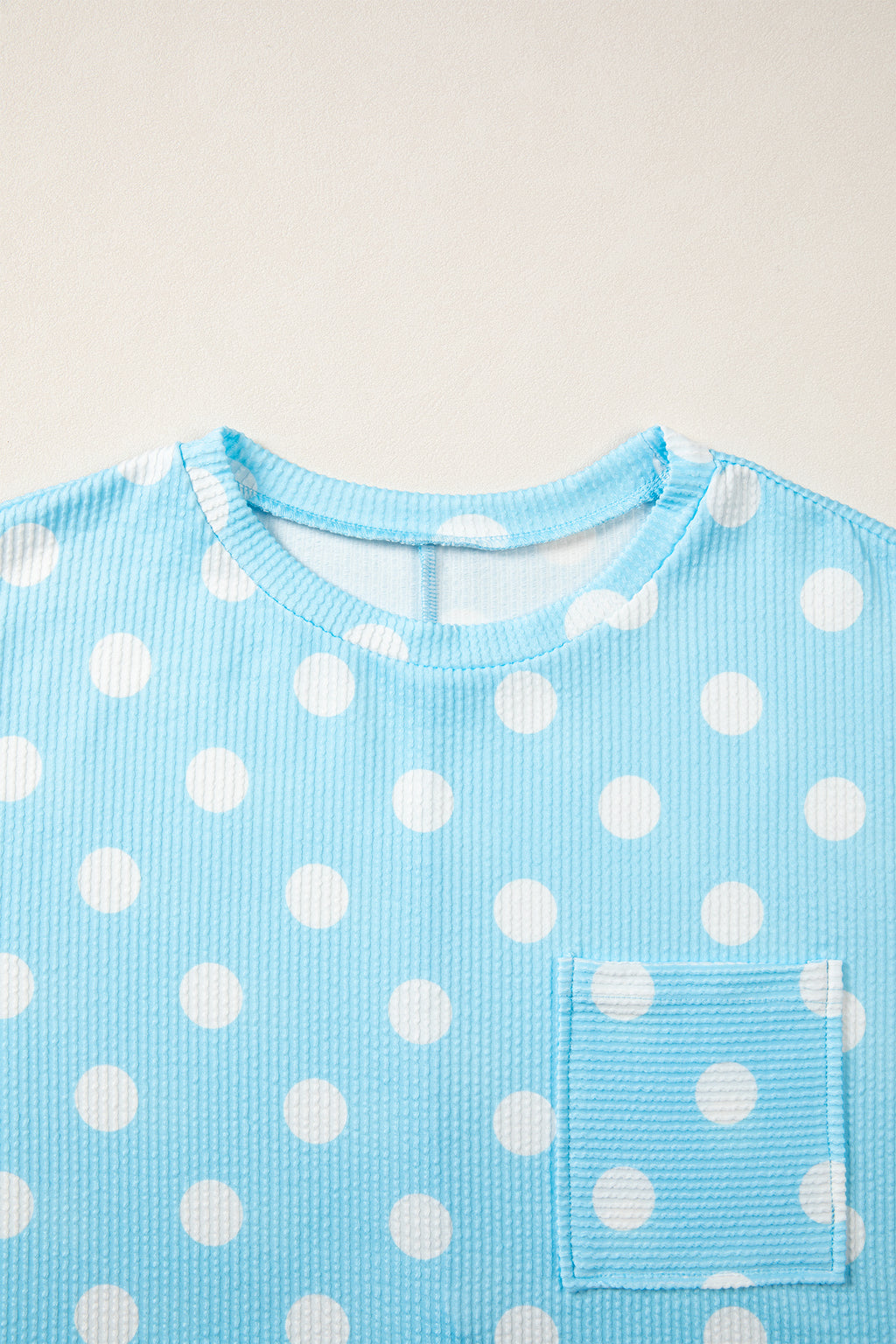 Pink Polka Dot Round Neck Drop Shoulder Patch Pocket Jacquard Texture Top