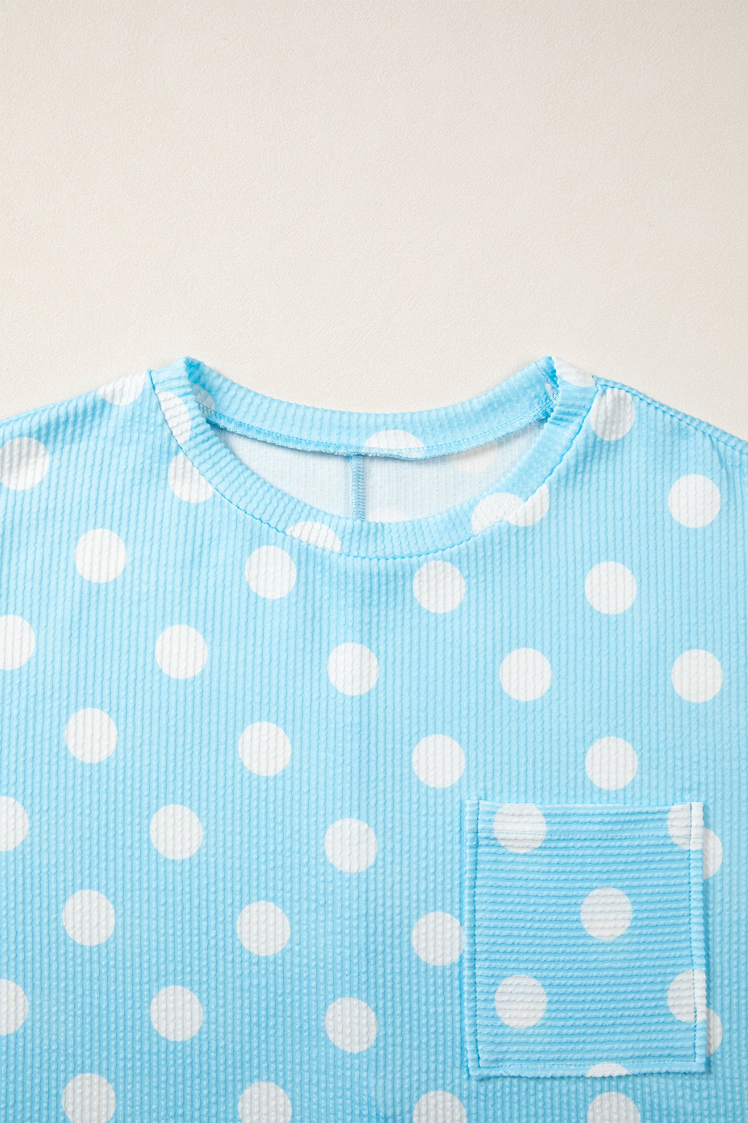 Pink Polka Dot Round Neck Drop Shoulder Patch Pocket Jacquard Texture Top