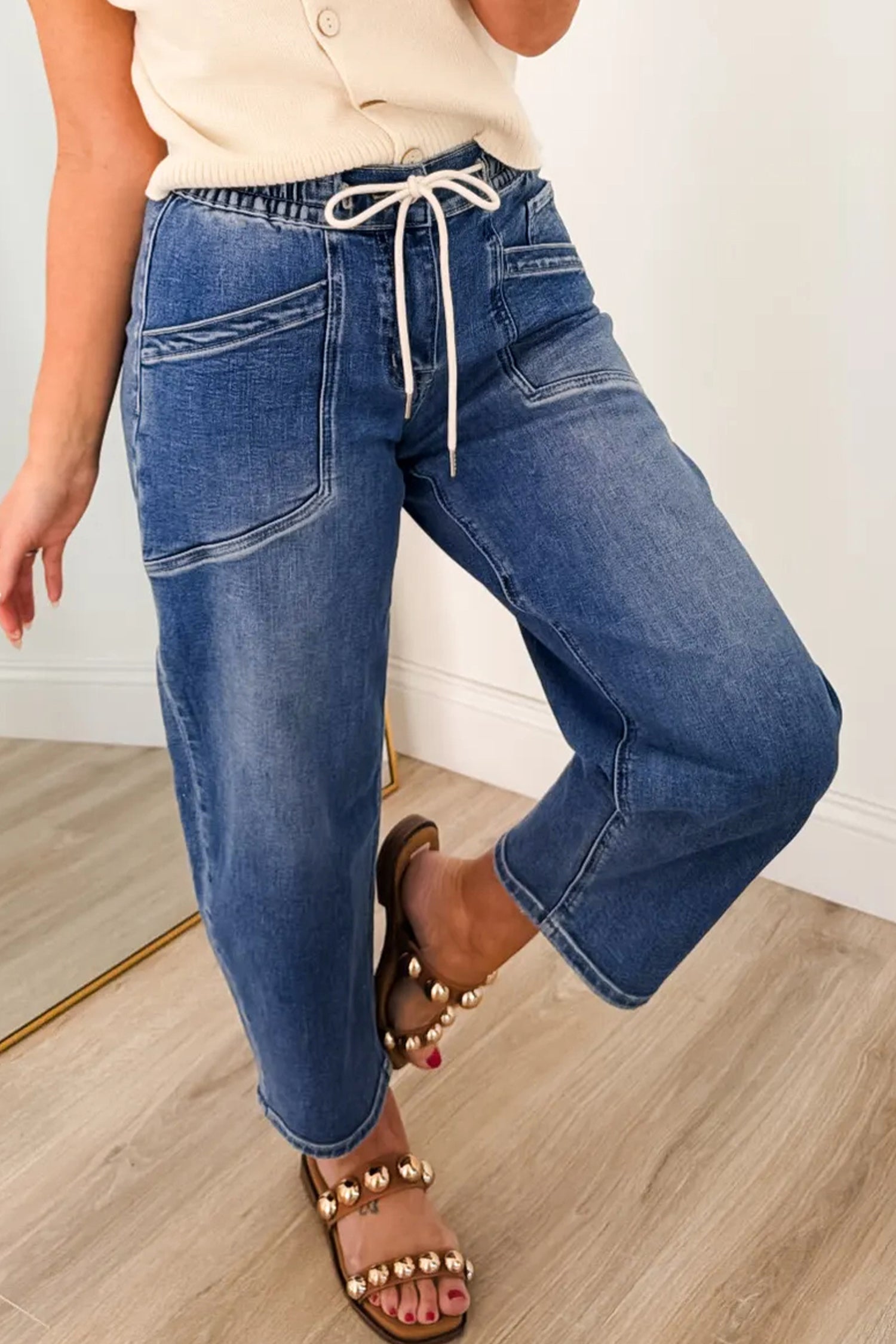 Ashleigh Blue Drawstring Waist Ankle Length Casual Jeans Regular Fit Pocket Detail Denim Pants
