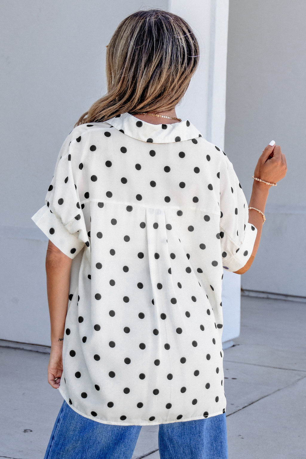 Beige Polka Dot Print Loose Dolman Shirt