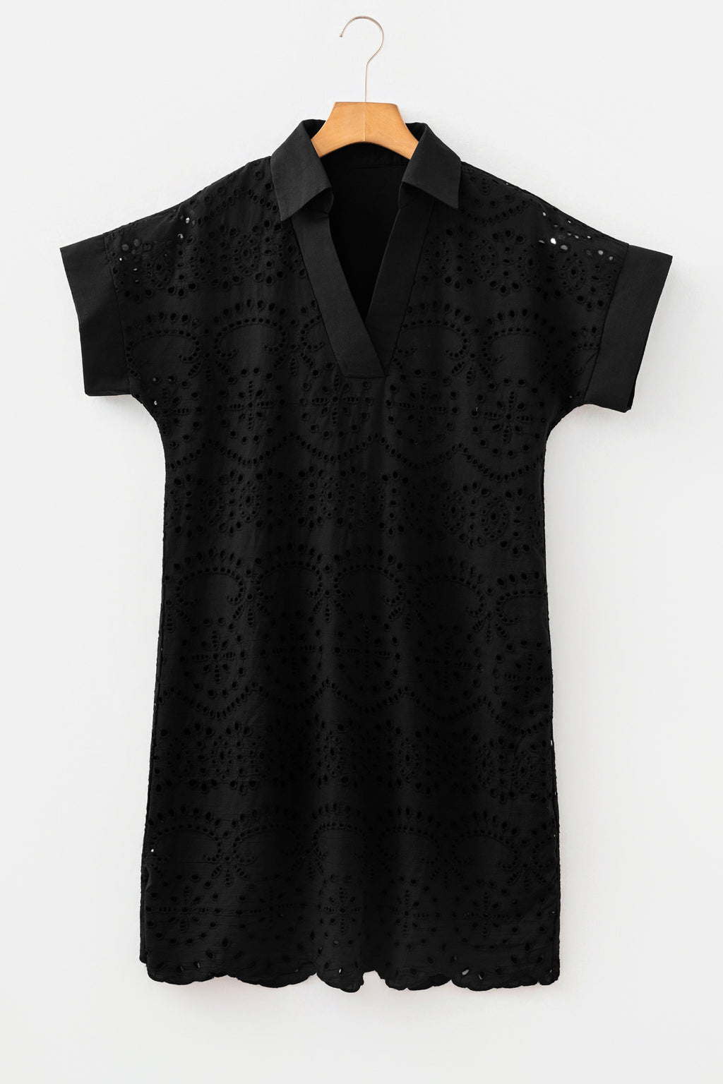 Black Solid Color Eyelet Embroidered T Shirt Mini Dress